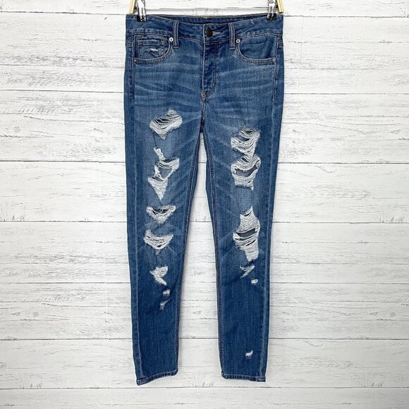 American Eagle Women's Tomgirl Jeans Button Fly Distressed Straight Leg size 0 - Picture 1 of 10